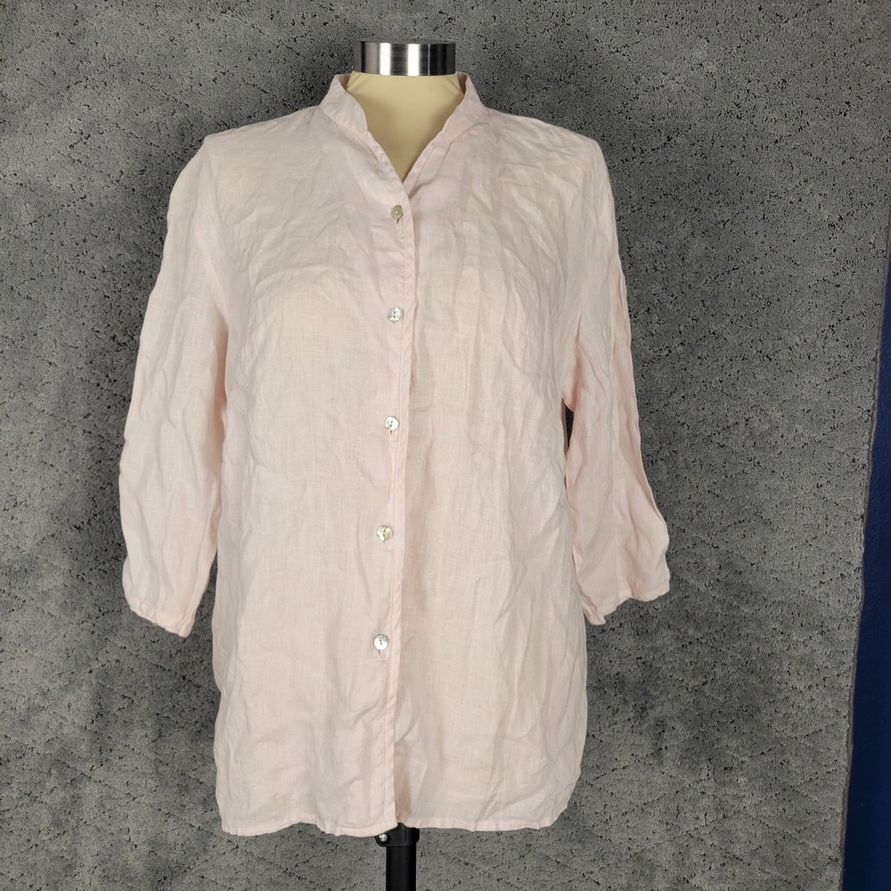 Jillian Jones Top Womens M‎ Pink Linen Button Up 3/4 Sleeve Lightweight Beach